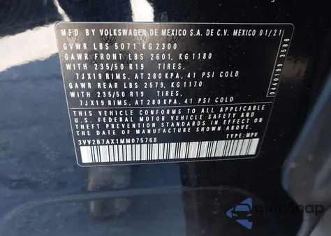 2021 Volkswagen Tiguan 2.0T Se/2.0T Se R-Line Black/2.0T Sel из США, поврежденный, VIN 3VV2B7AX1MM075768